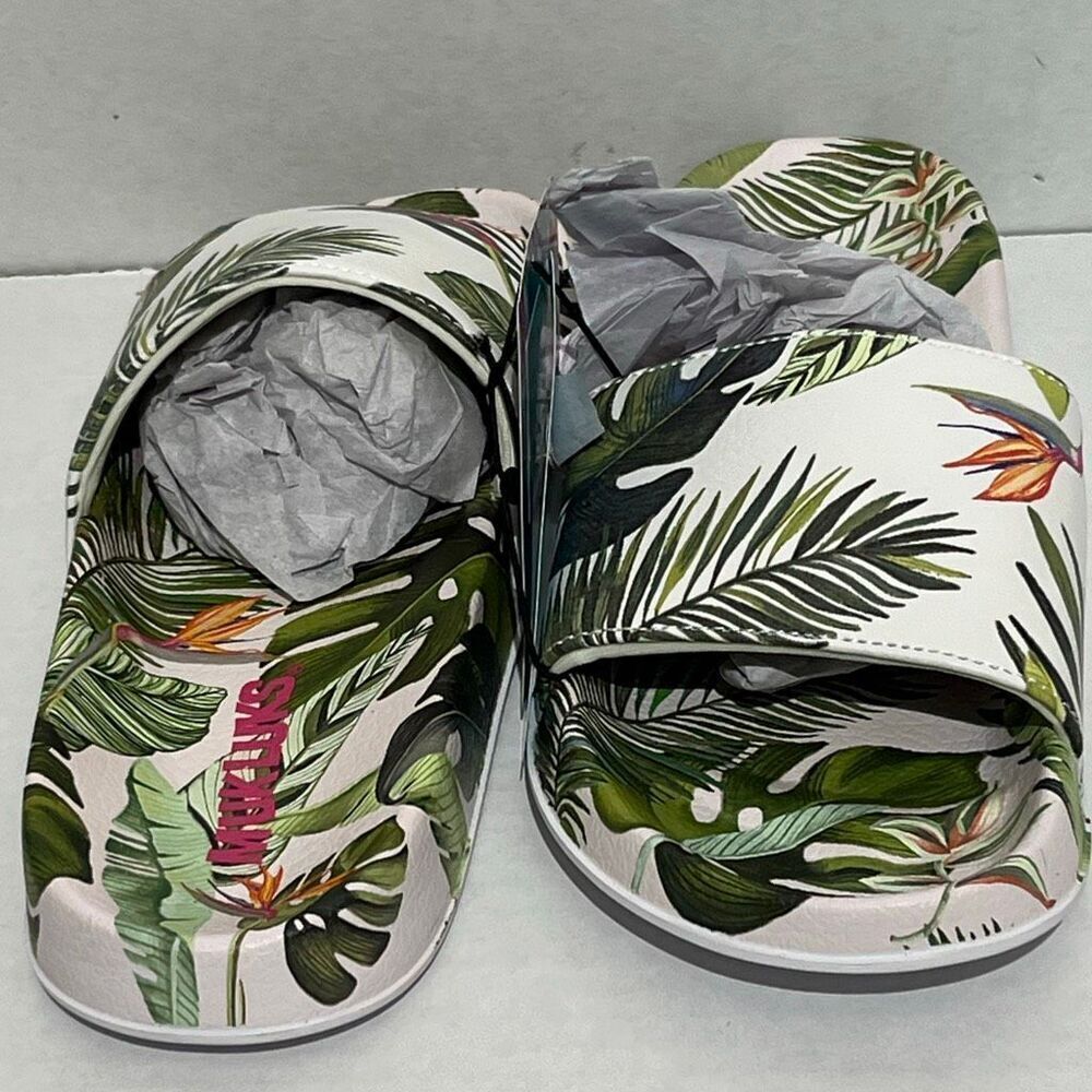 Muk‎ Luks Women's Green White Tropical Slip On Slide Sandals Size Small 5-6 NWT